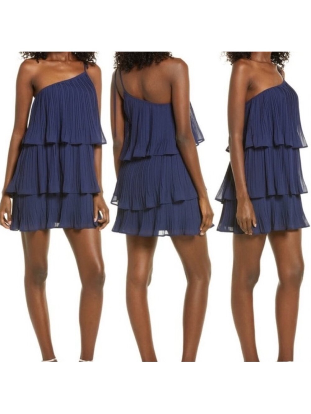 Lulu's Navy One-Shoulder Tiered Pleated Mini Dress
